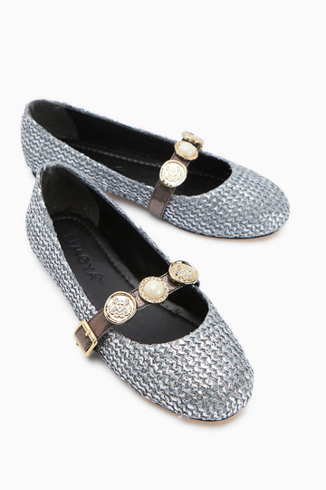 Sufia Platinum Buckled Woven Women’s Ballet Flats