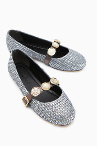 Sufia Platinum Buckled Woven Women’s Ballet Flats
