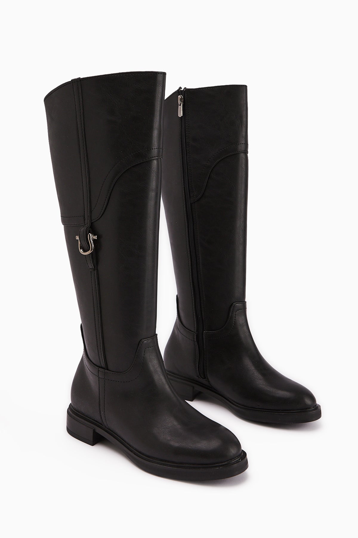 Caterine Black Buckle Detailed Short Heeled Boots
