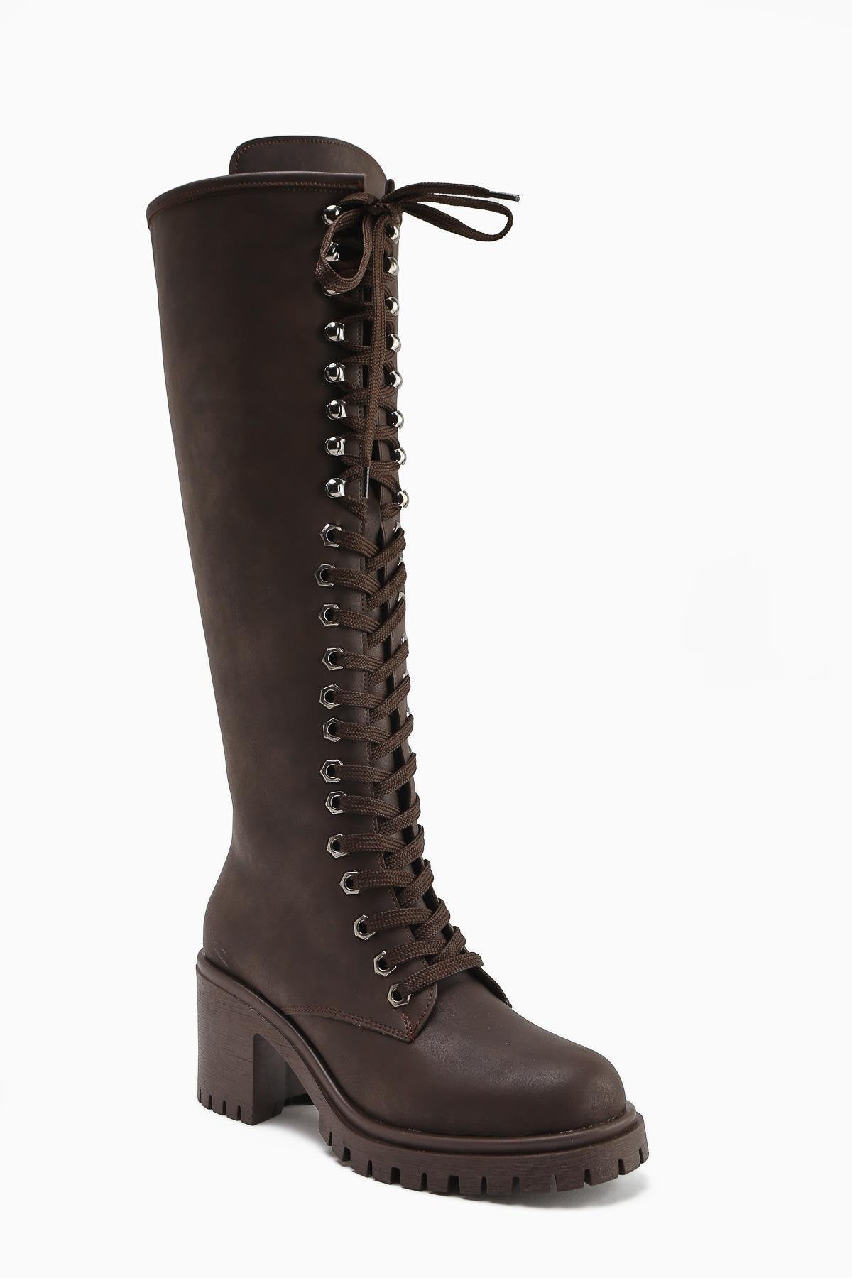 Bella Brown Lace-Up and Zippered Oval-Toed Heeled Women's Boot