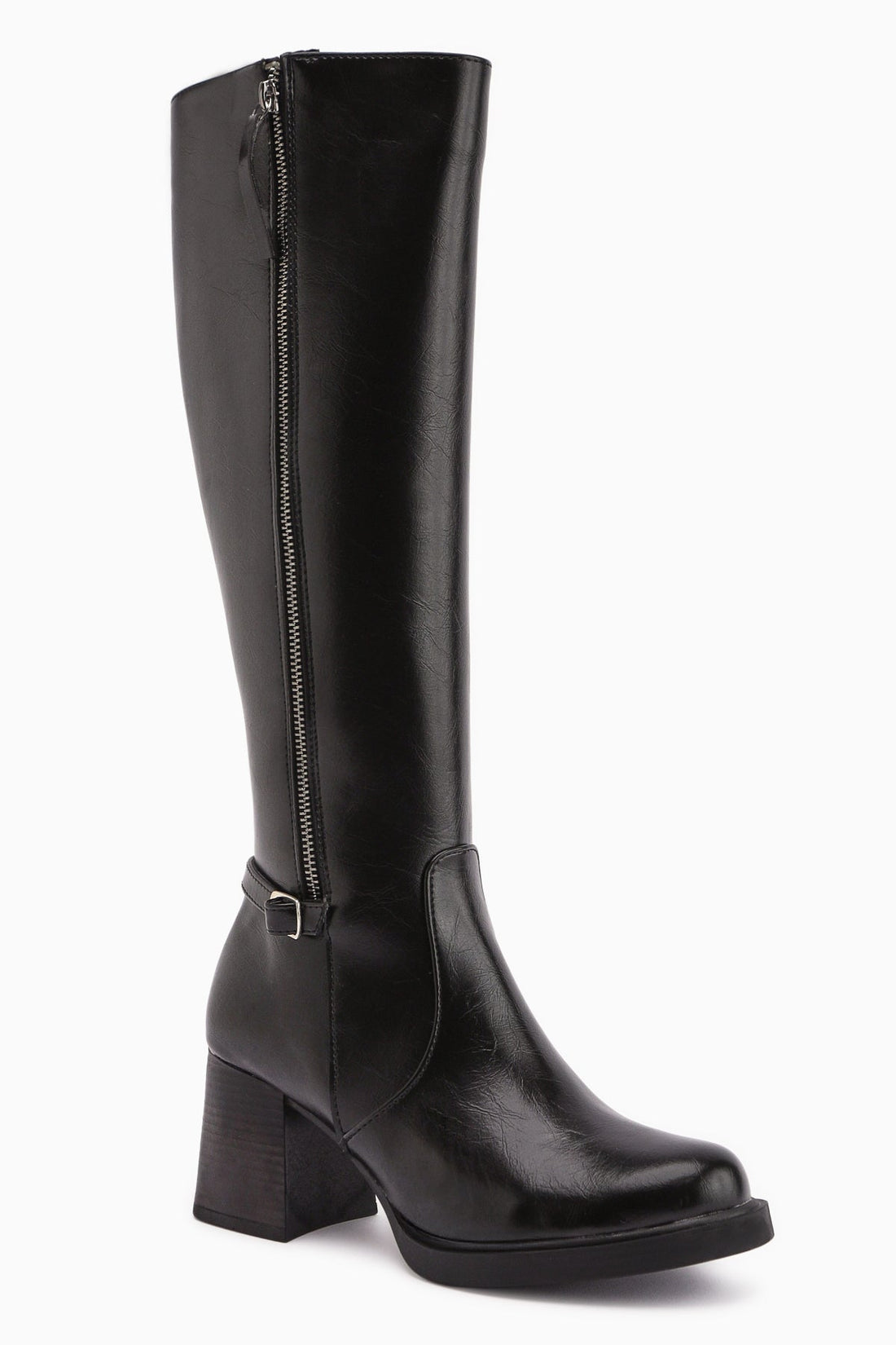 Nelia – Black Wide-Calf Heeled Knee-High Boot (Women)