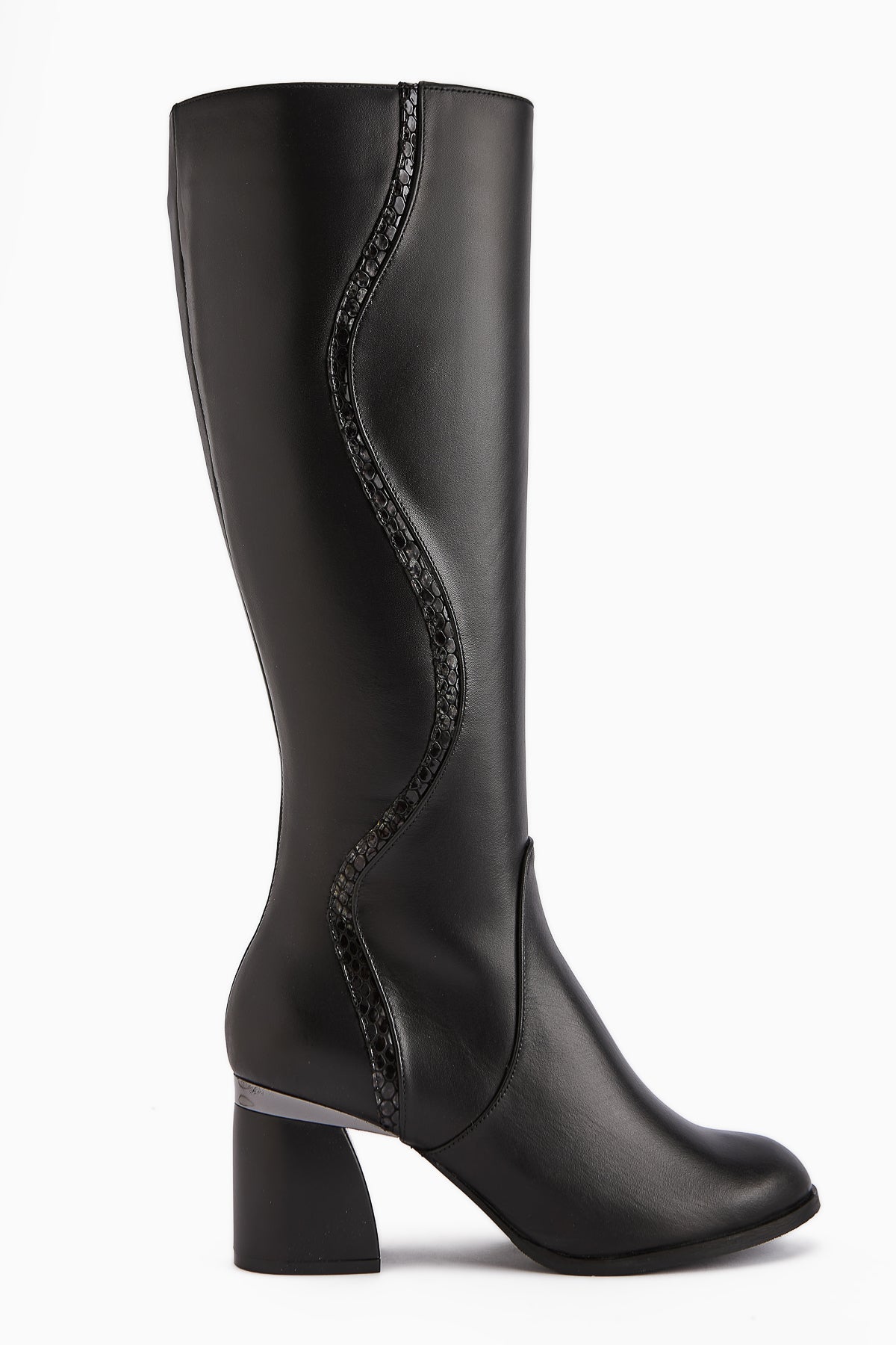 Kaylin – Genuine Leather Black Snake-Pattern Detail Heeled Knee-High Boot (Women)