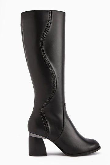 Kaylin – Genuine Leather Black Snake-Pattern Detail Heeled Knee-High Boot (Women)