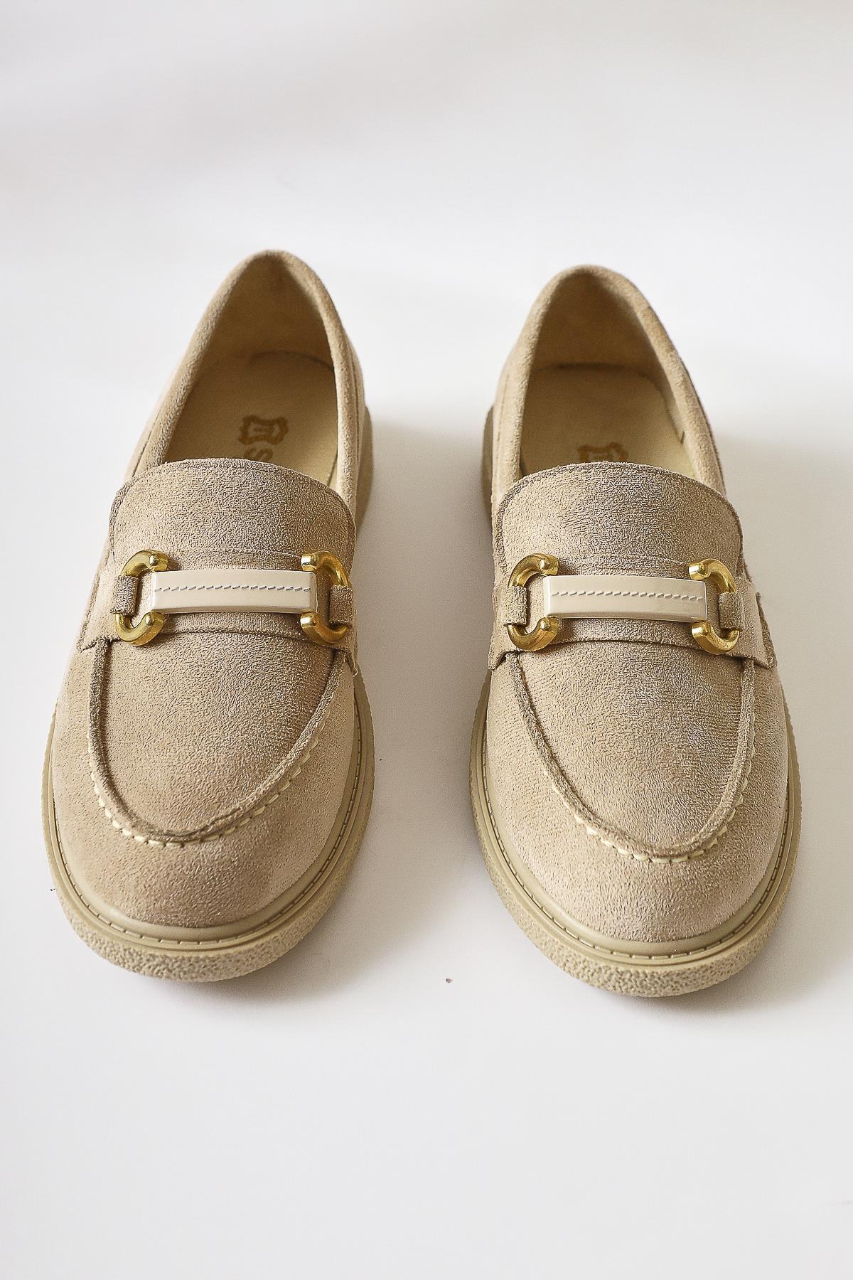 Jamnian Beige Suede Buckle Detail Casual Shoes
