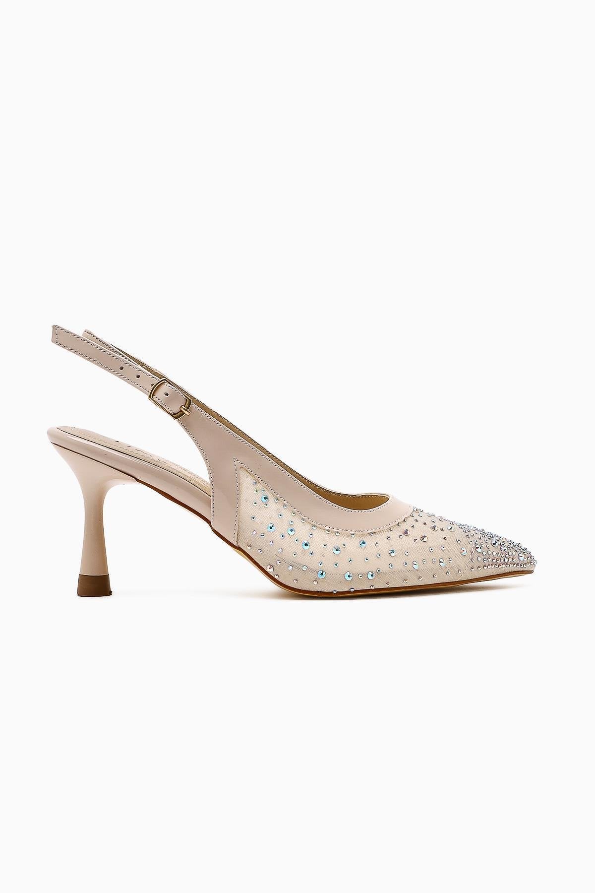 Kally – Beige Transparent Fabric, Stone-Detail Heeled Shoe (Women)