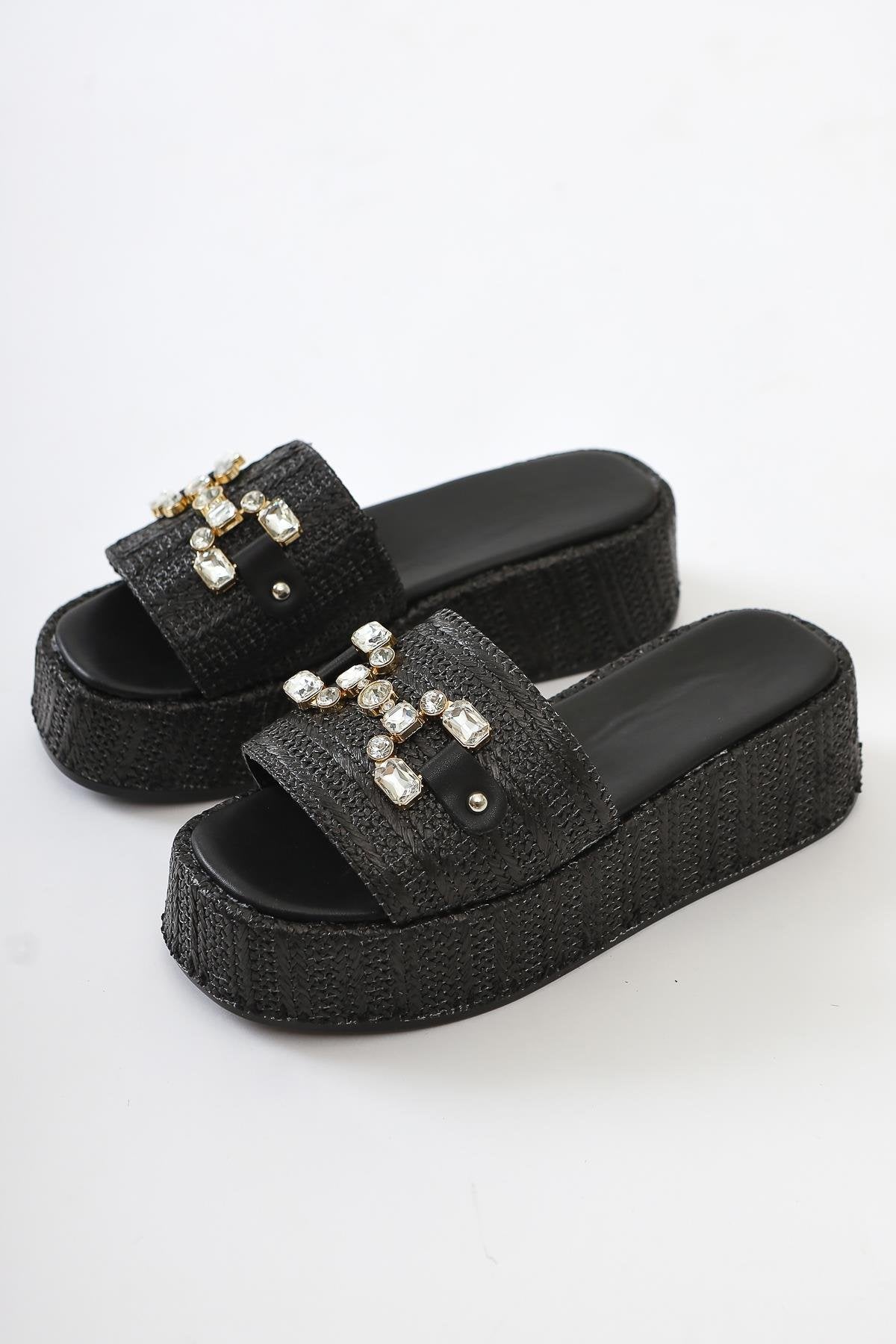 Dorine Black Stone-Embellished High-Heeled Woven Slide Sandal