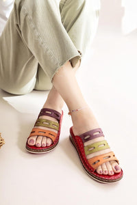 Joelle Genuine Leather Comfort Slide in Red, Purple, Orange, Green, and Beige with Laser Cut Detail