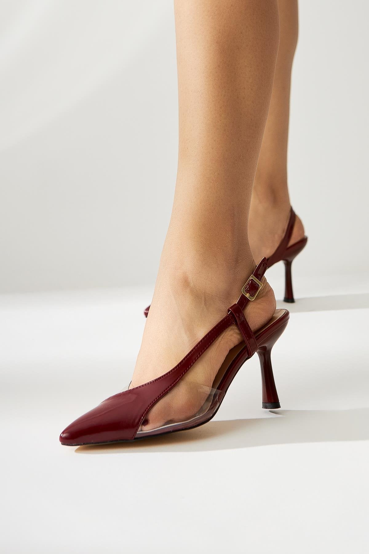 Aliah Burgundy Patent Leather Pointed Toe Pumps with Transparent Detail