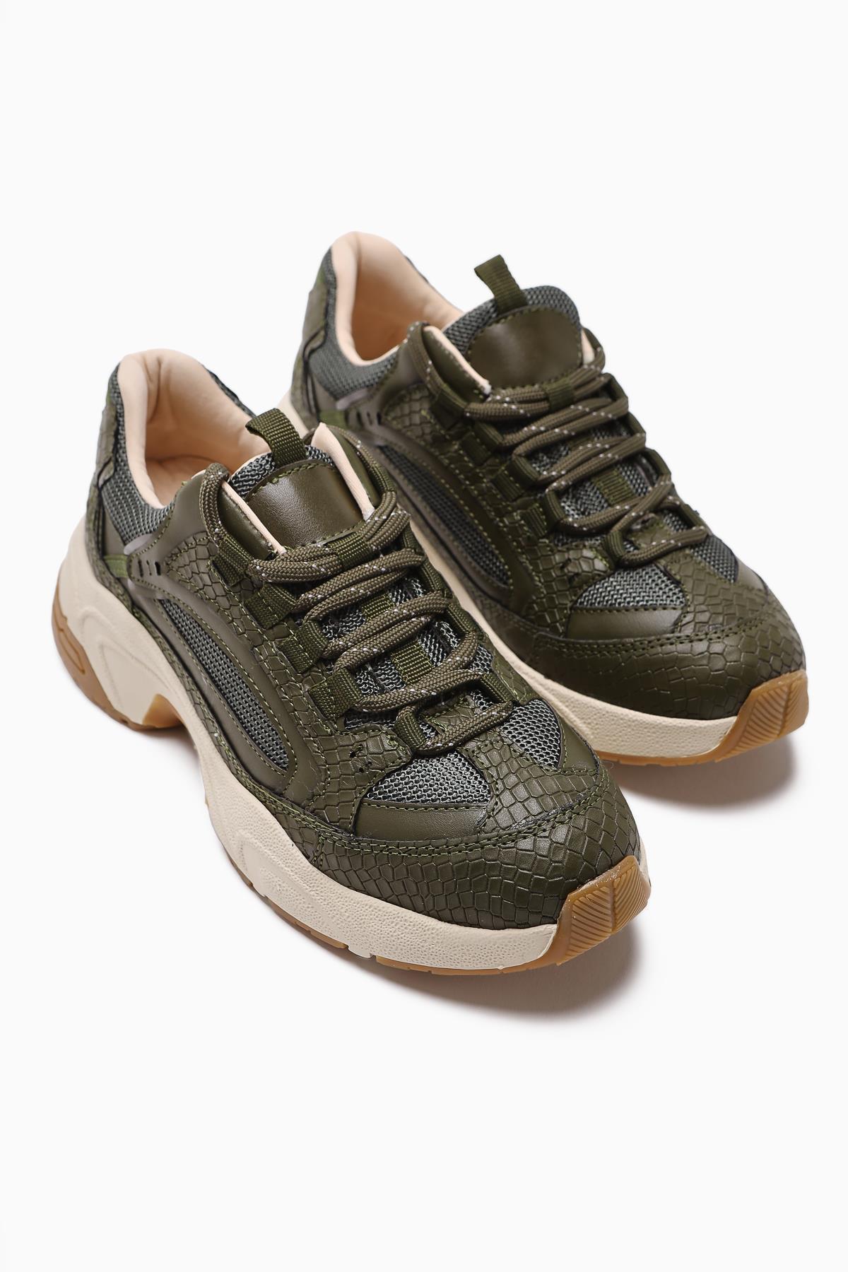 Caisa Olive Textile Detail Lace-Up Women's Sneakers