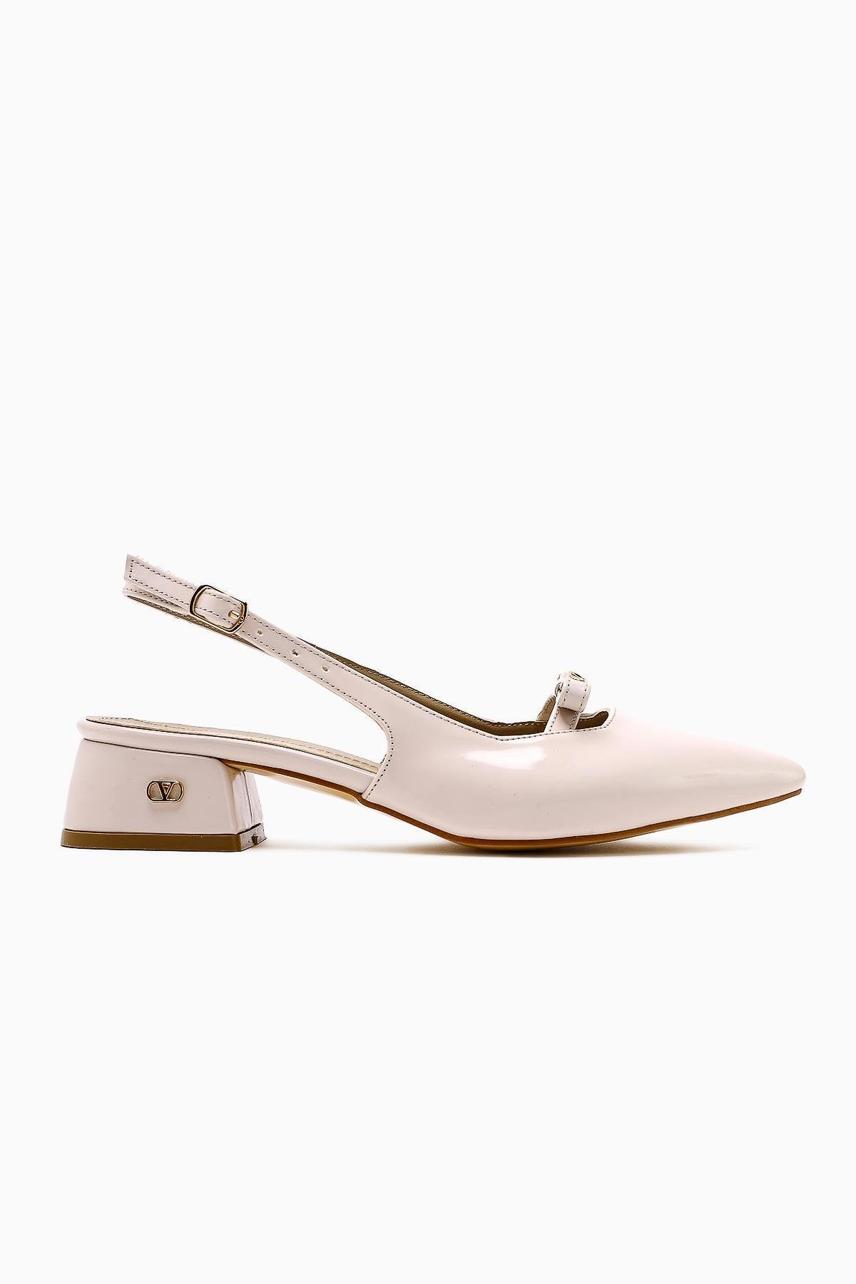 Sevy Beige Patent Buckle Detailed Women’s Heeled Shoes
