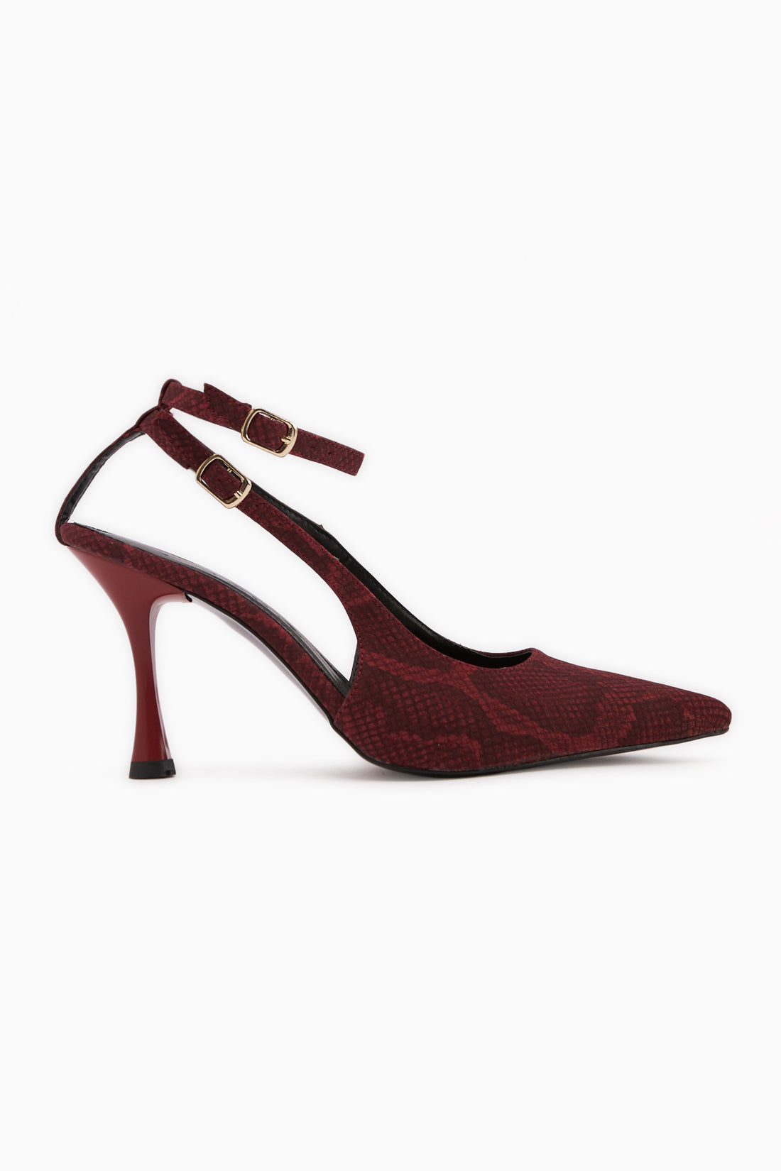 Jamie Burgundy Snake Pattern Buckled Women’s Heeled Shoes