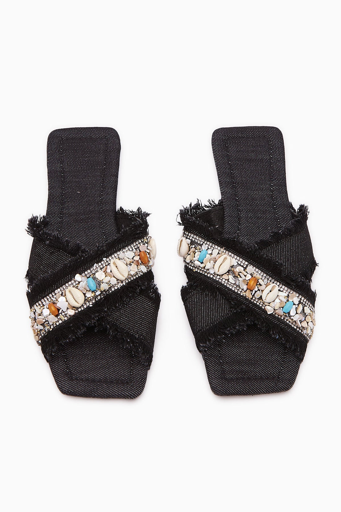 Felisa Black Stone and Sea Shell Embellished Bohemian Women's Slippers