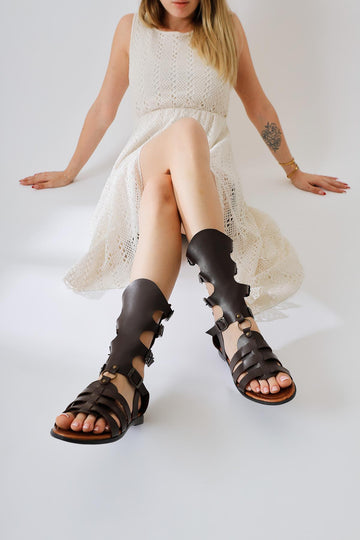 Baisa Genuine Leather Flat Sandal in Brown with Buckle Detail