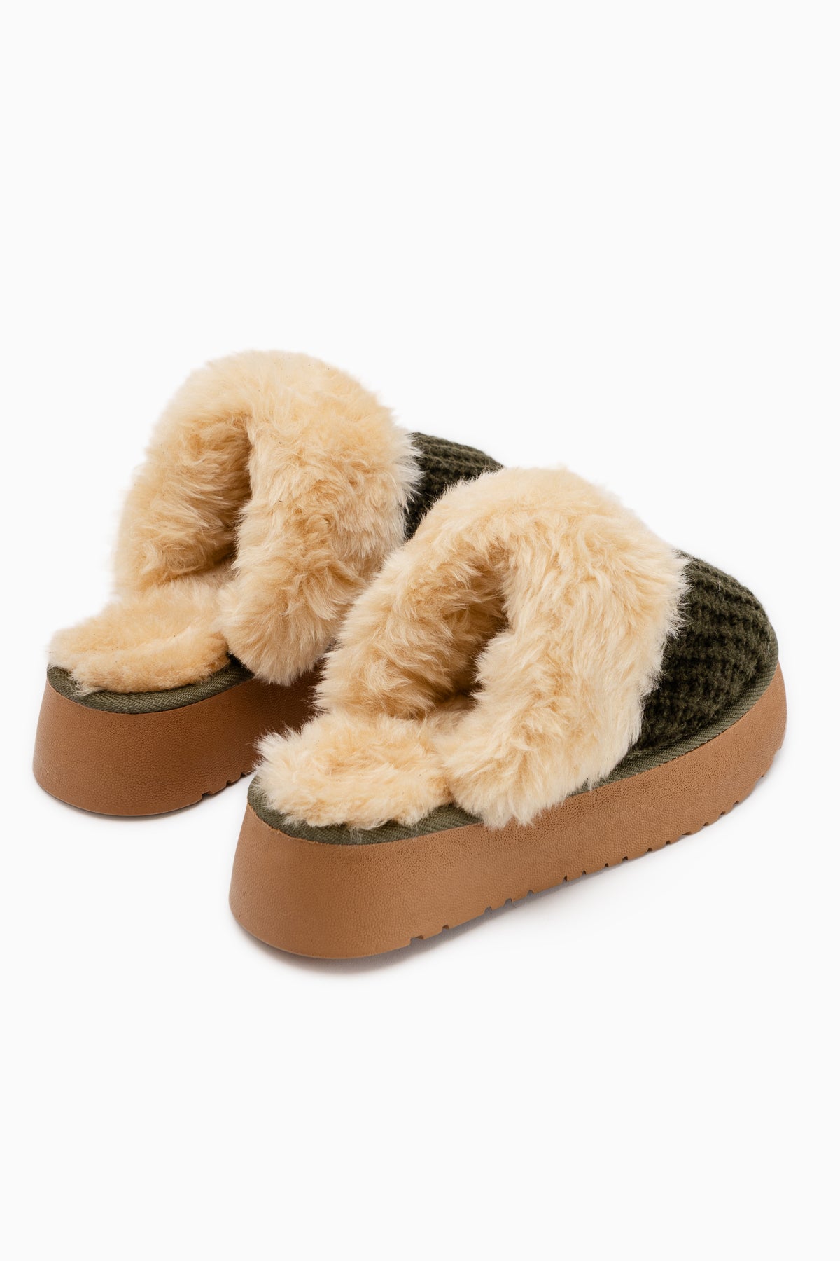 Mariza Khaki Plush Knit Fur Lined Women’s Slippers