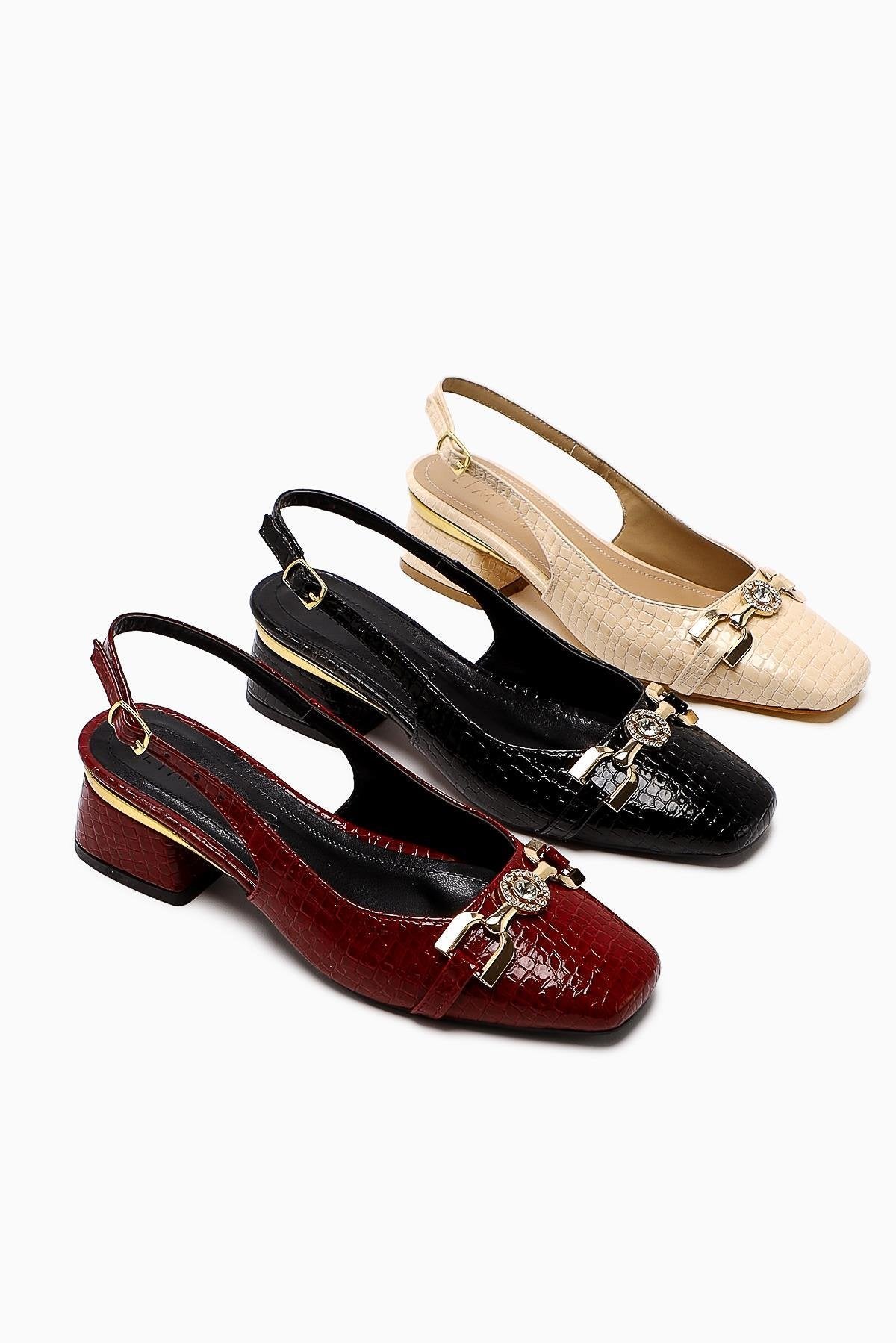 Tai Beige Crocodile Stone Detailed Women’s Heeled Shoes