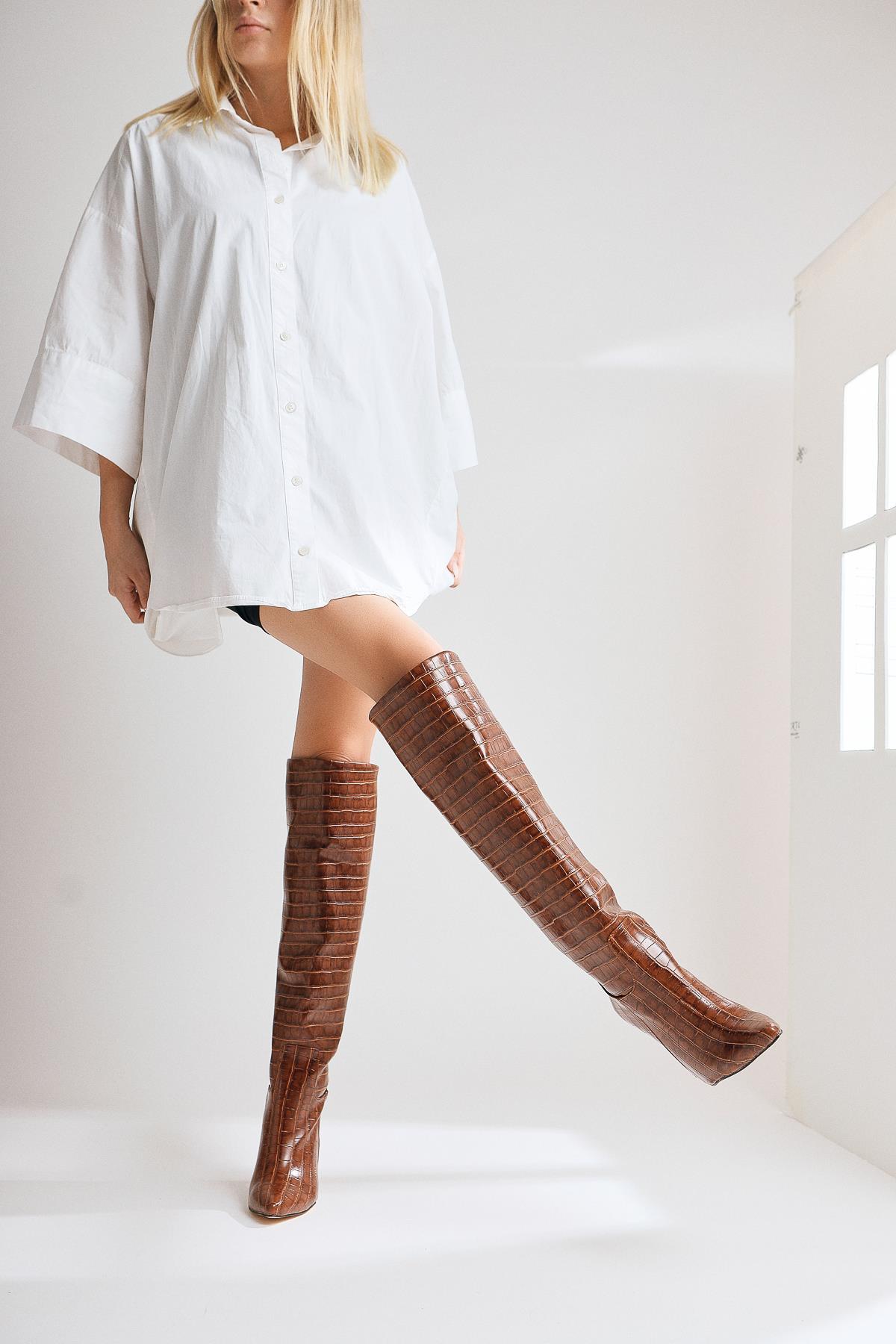 Nenya – Cognac Croc-Embossed Pointed-Toe Slim Heel Over-The-Knee Boot (Women)