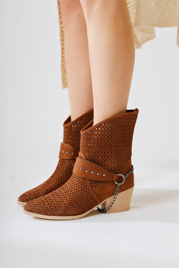 Olinda - Cognac Suede Laser-Cut Pointed-Toe Chain-Detail Summer Western Boot (Women)
