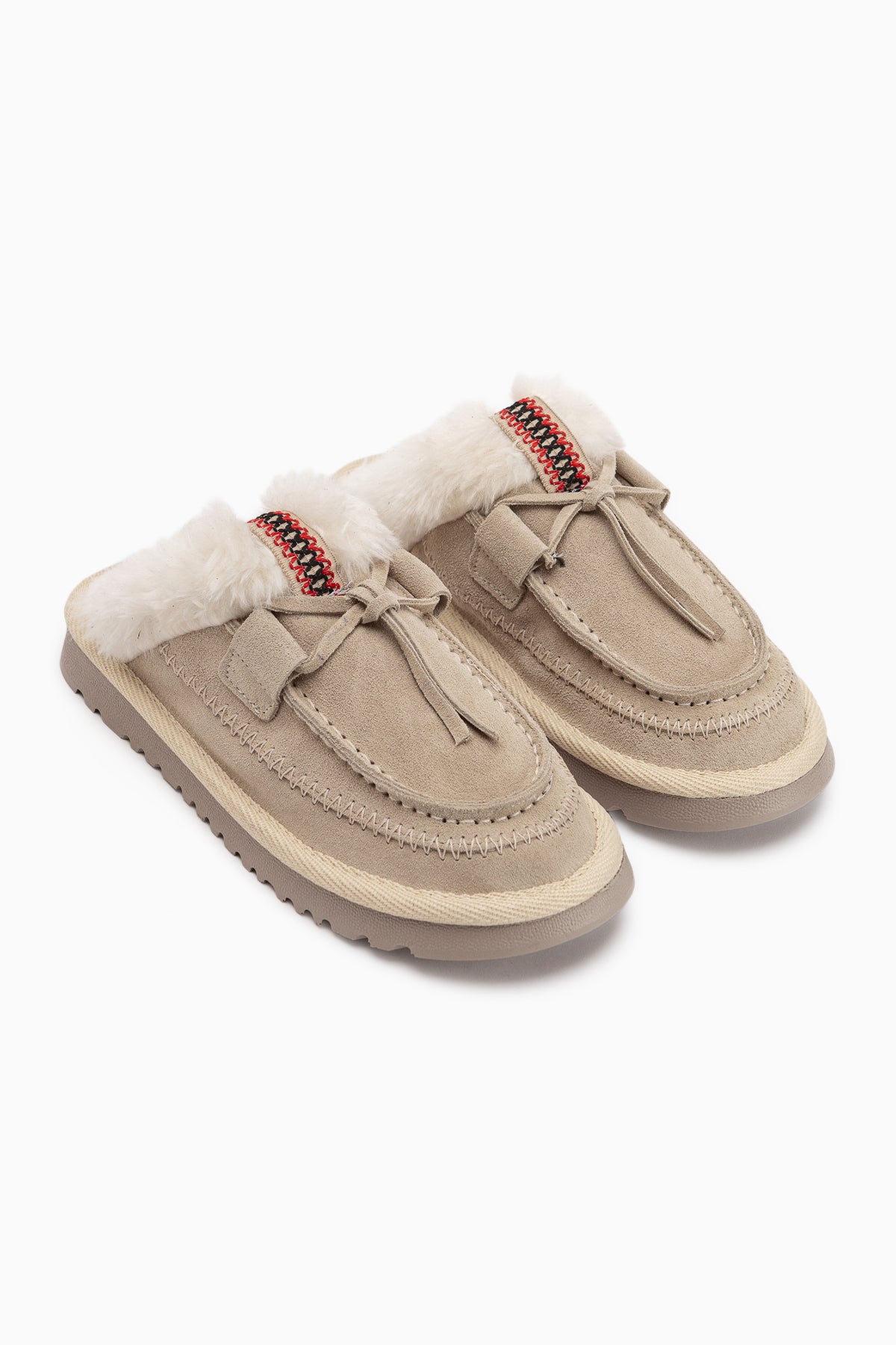 Tisha Genuine Leather Beige Suede Fur Detailed Women’s Slippers