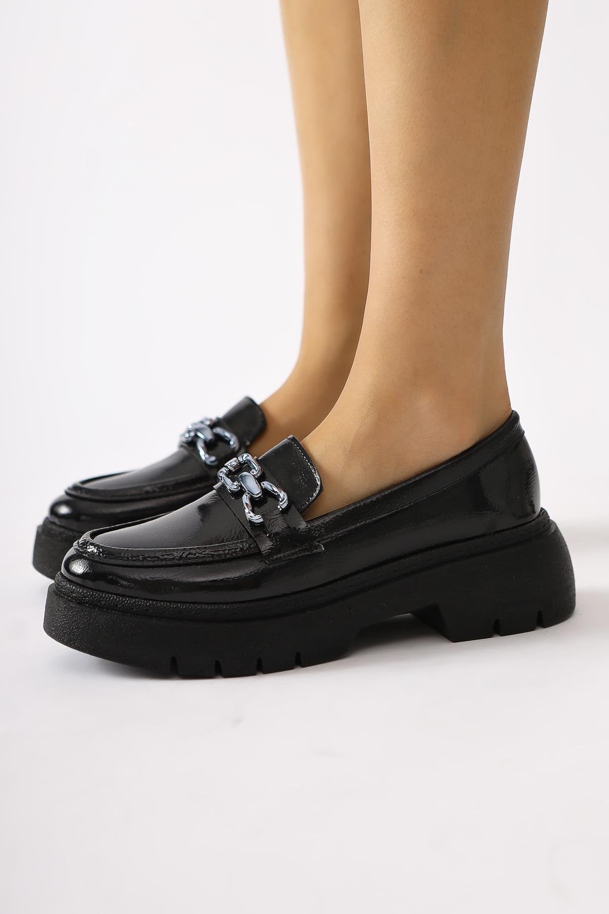 Roxne Black Crinkled Patent Leather Moccasin Shoes with Buckle Detail