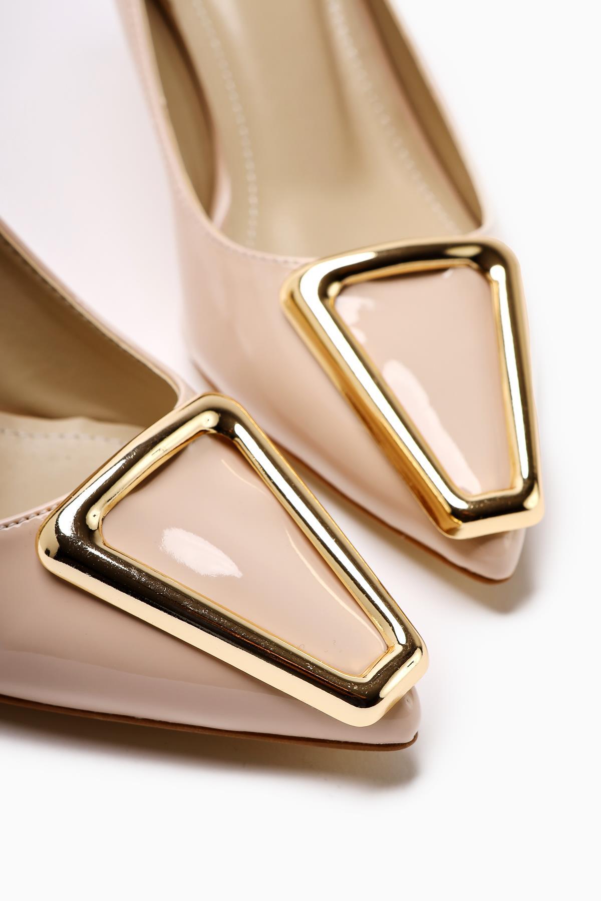 Carla Beige Patent Pointed Toe Buckle Detailed Women’s Heeled Shoes