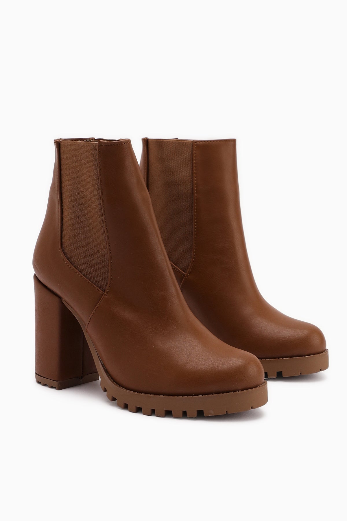 Dorsaf Tan Oval Toe Elastic Heeled Boots
