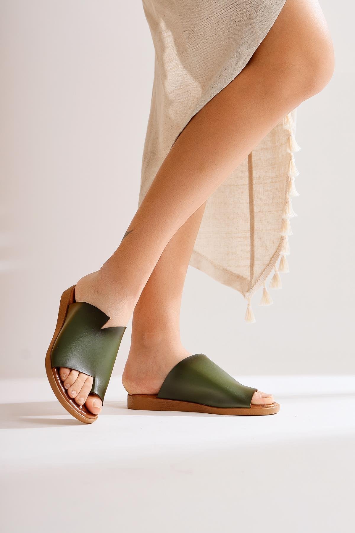 Nita Olive Asymmetric Cut Genuine Leather Slipper
