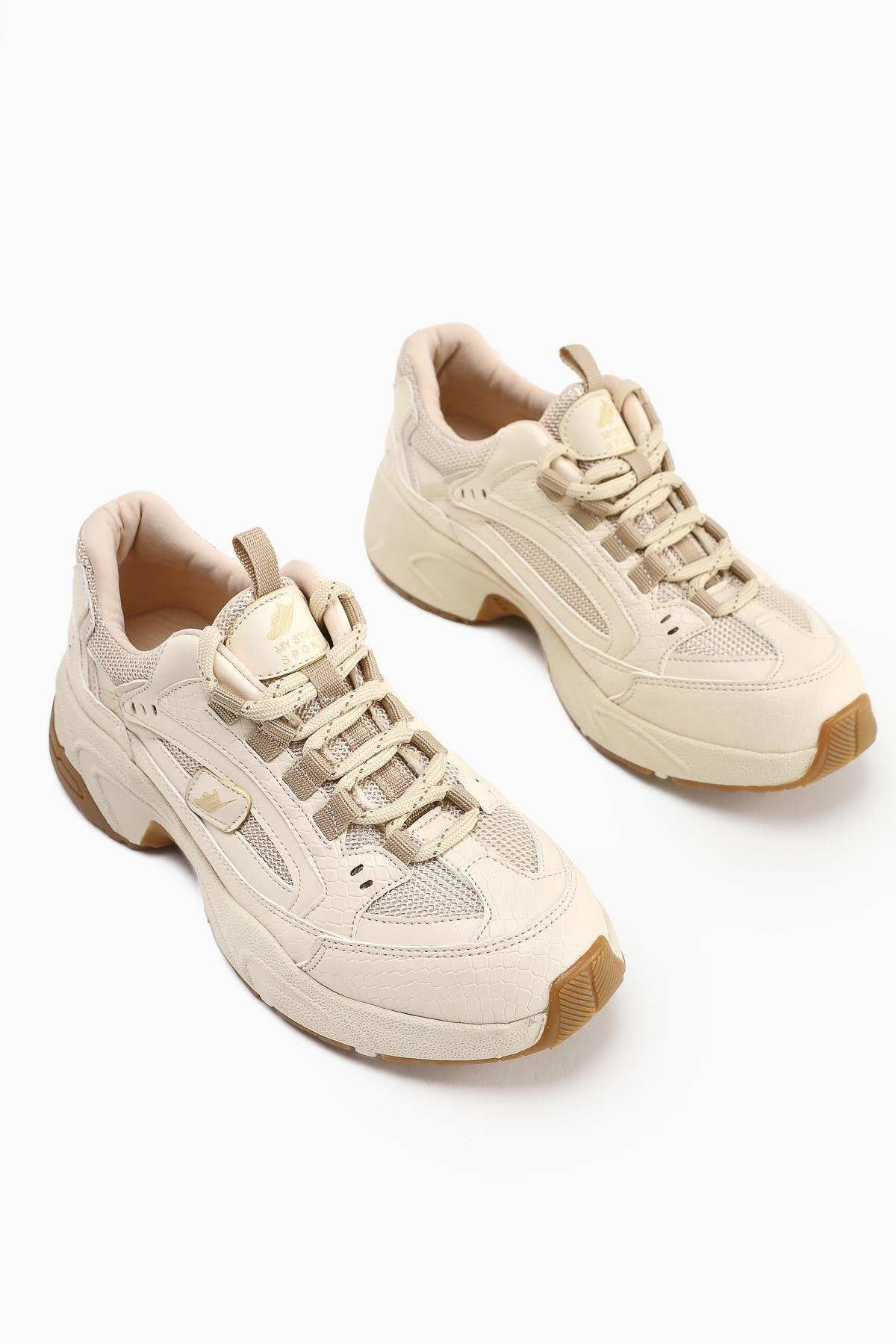 Caisa Beige Textile Detailed Lace-up Women's Sneakers