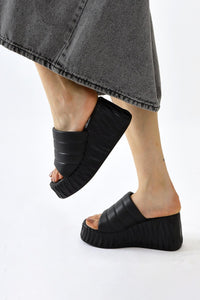 Zoje Black Crinkled Embossed Platform Slippers