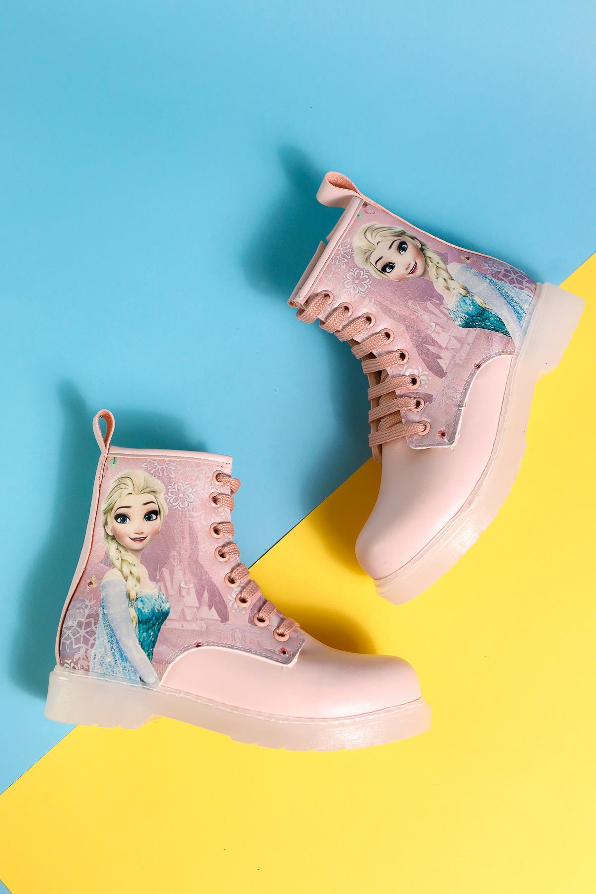 Evalisa Powder Pink Striped Character Print Lace-Up Kids' Boots