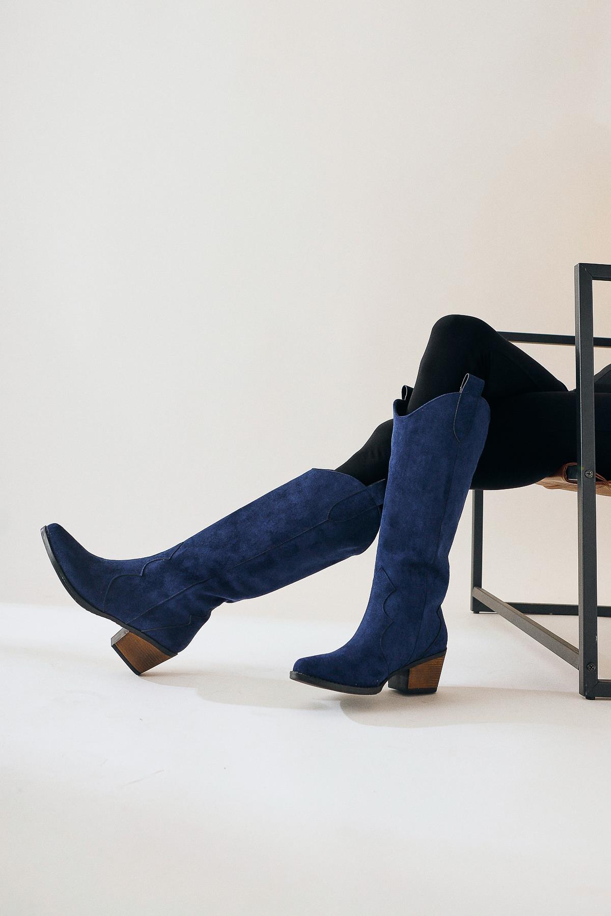 Lhena – Navy Suede Western Pull-On Knee-High Boot (Women)
