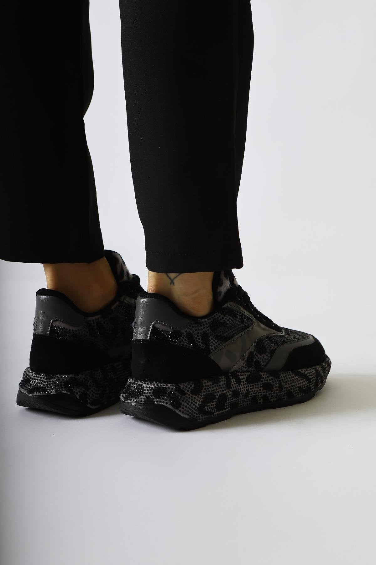 Kada Gray Leopard Print Sneakers with Gem Detail