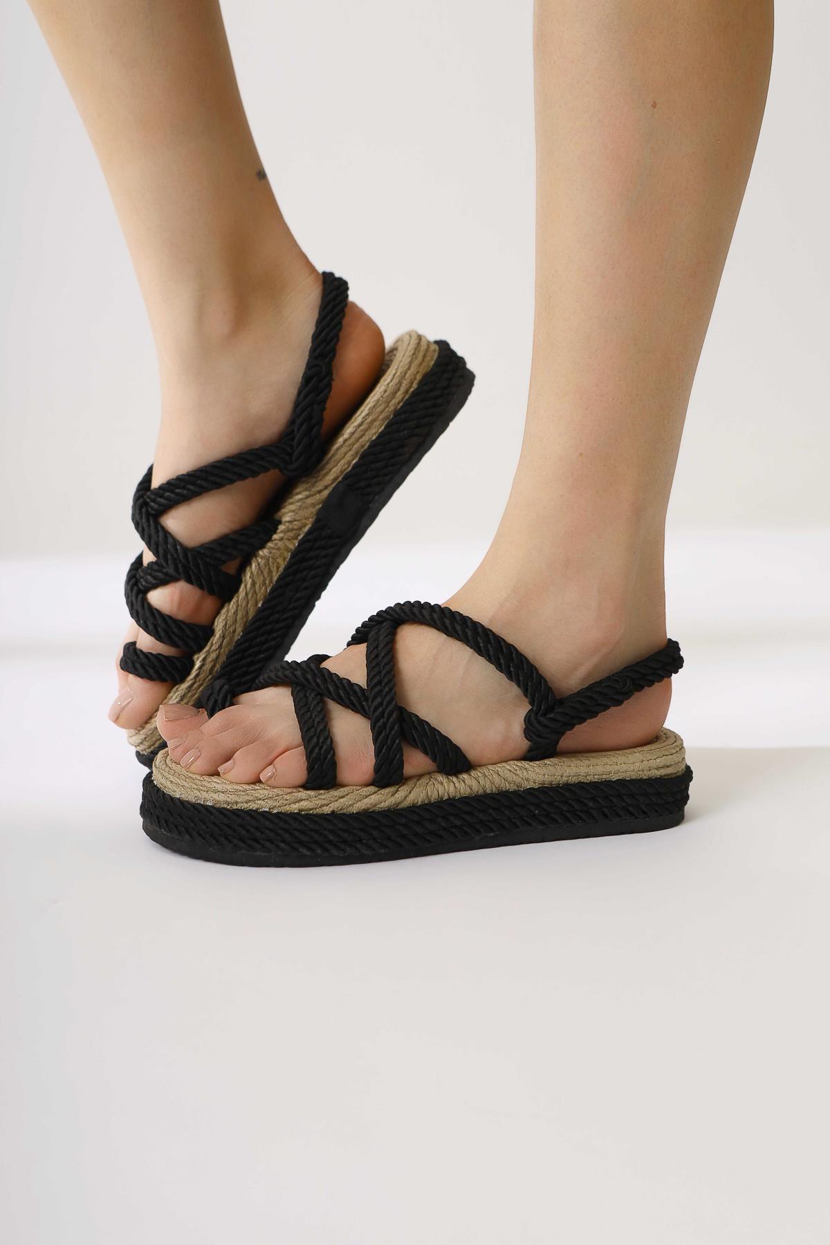 Spresa Black Thick Soled Rope Sandals