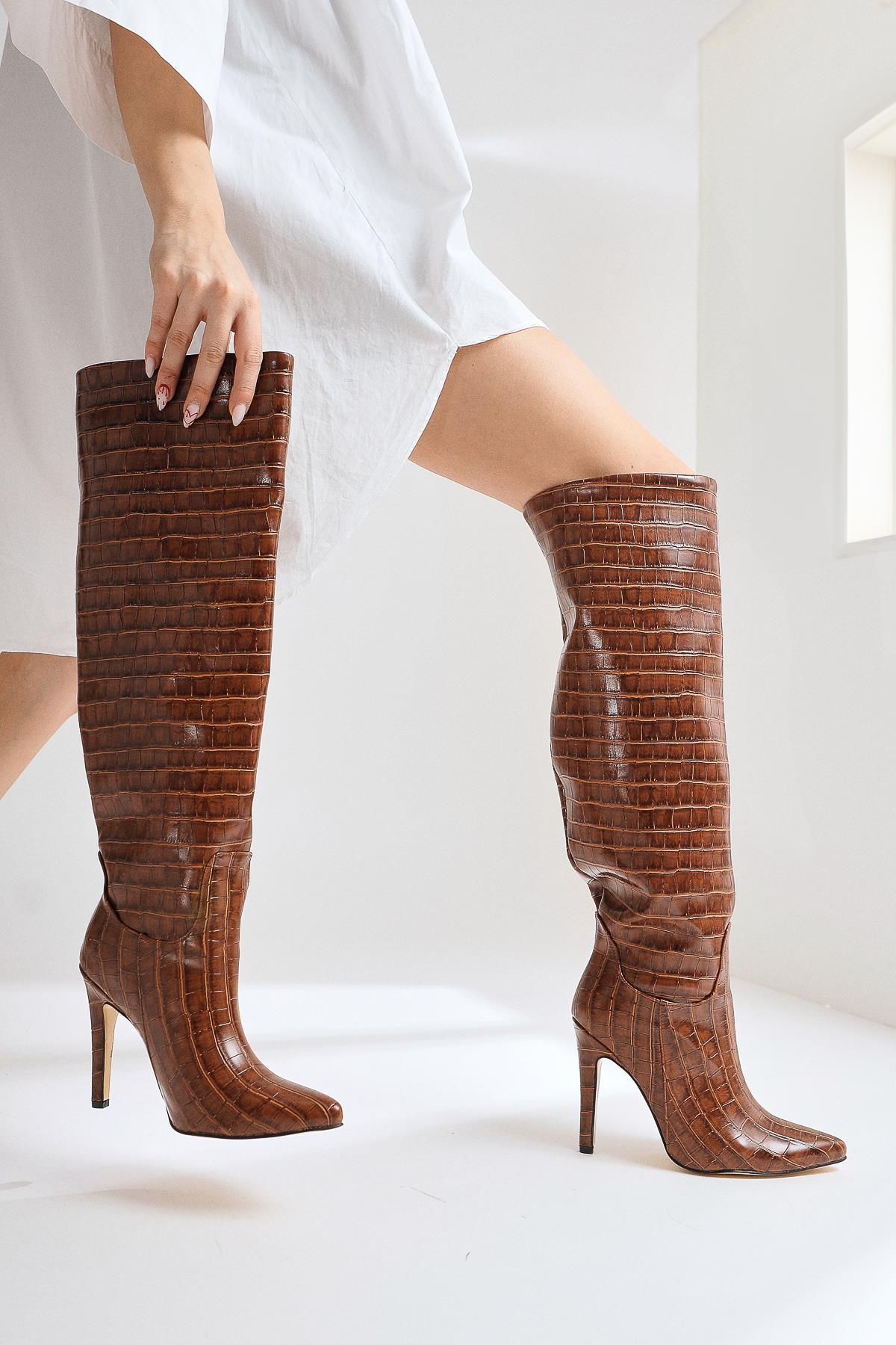 Nenya – Cognac Croc-Embossed Pointed-Toe Slim Heel Over-The-Knee Boot (Women)