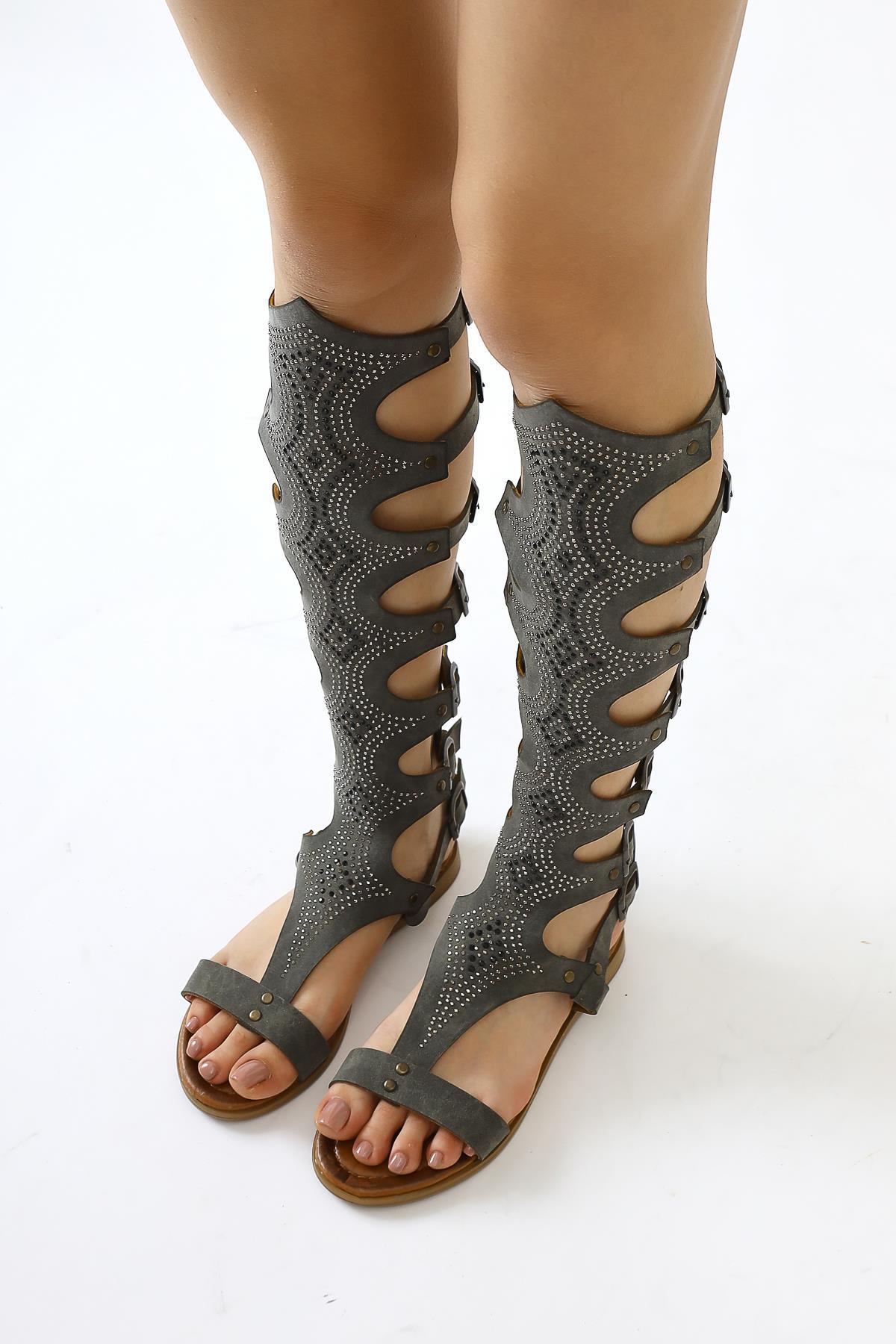 Medusa Genuine Leather Khaki Stone Detailed Knee-High Gladiator Sandals