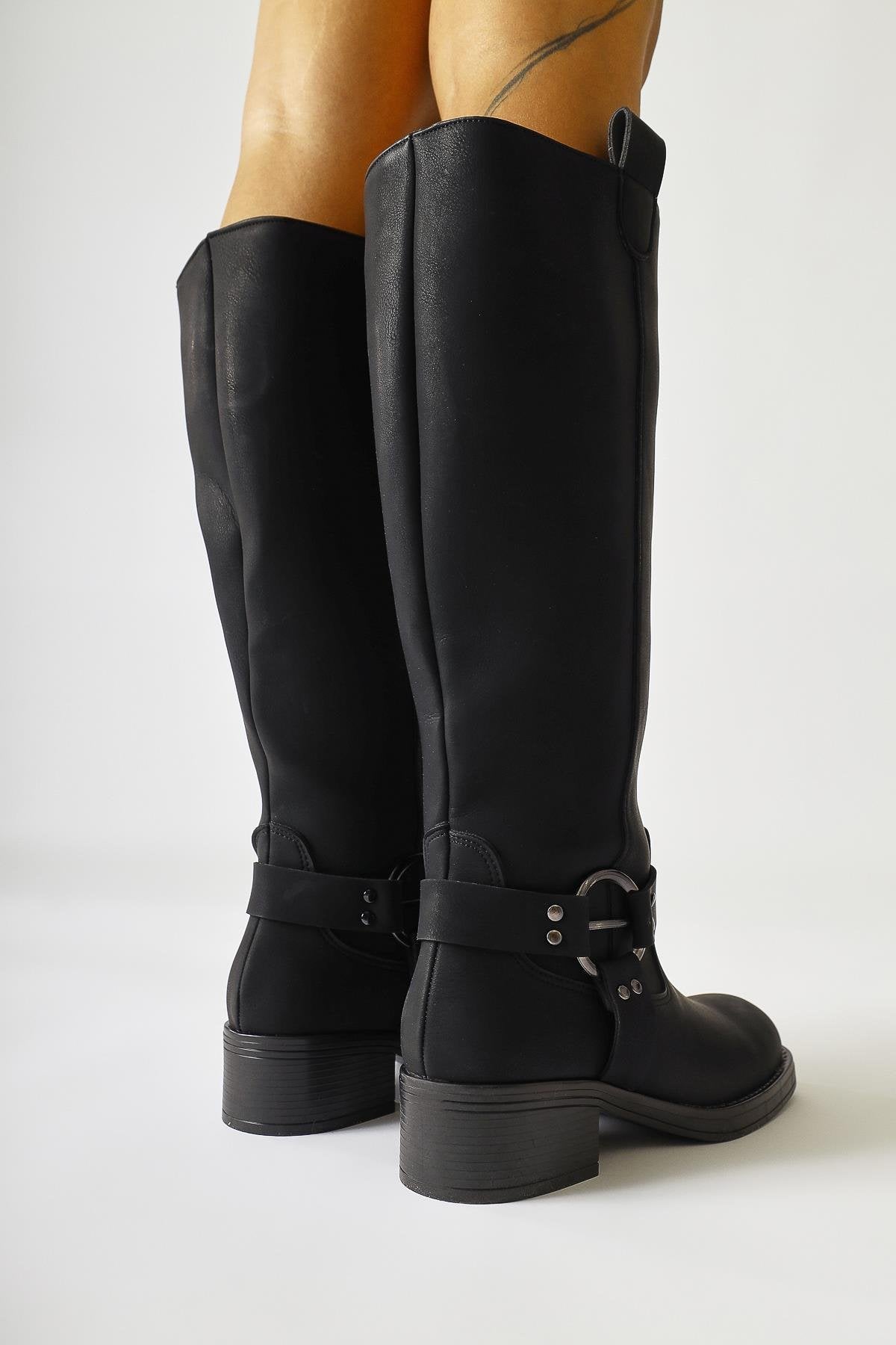 Soleil Black Pull-On Boot with Belt Detail