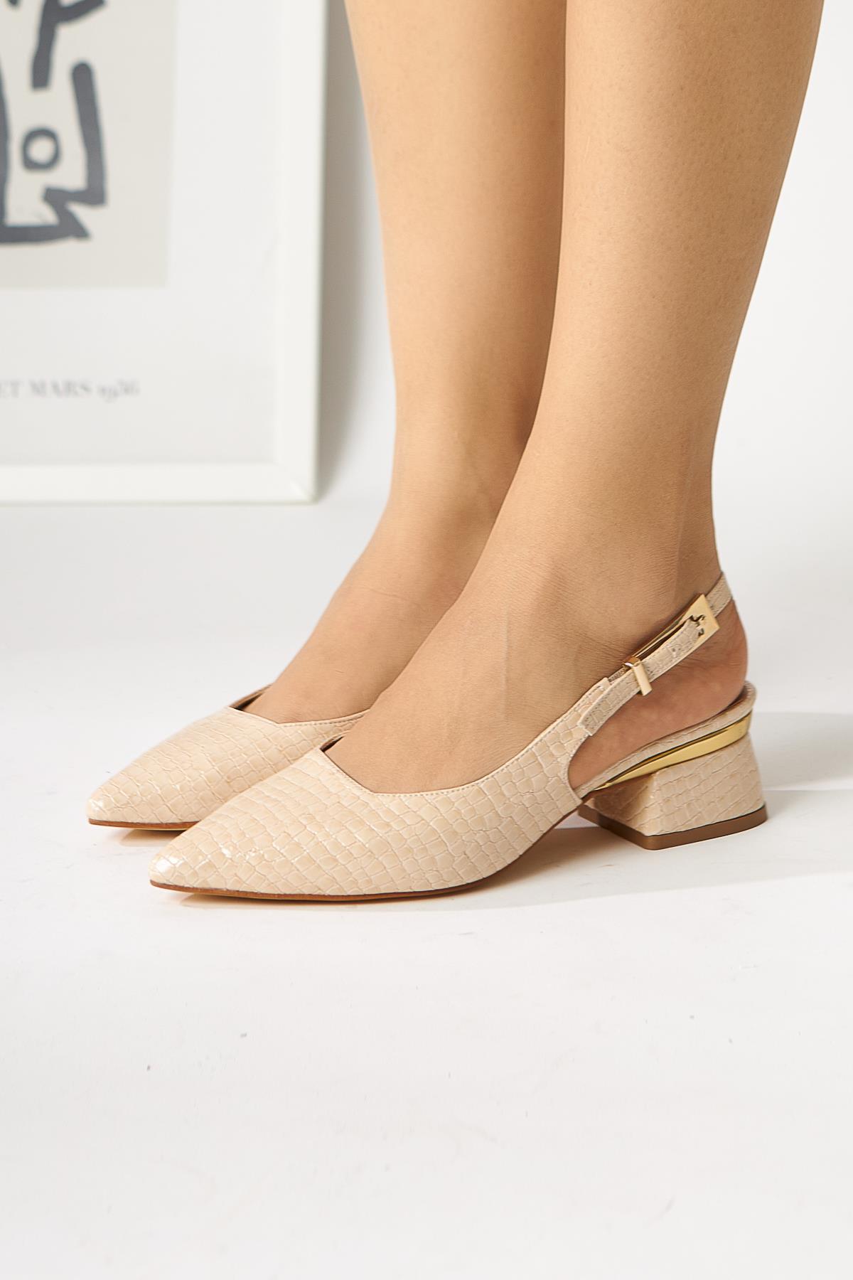 Nadiya Beige Crocodile Belted Women’s Heeled Shoes