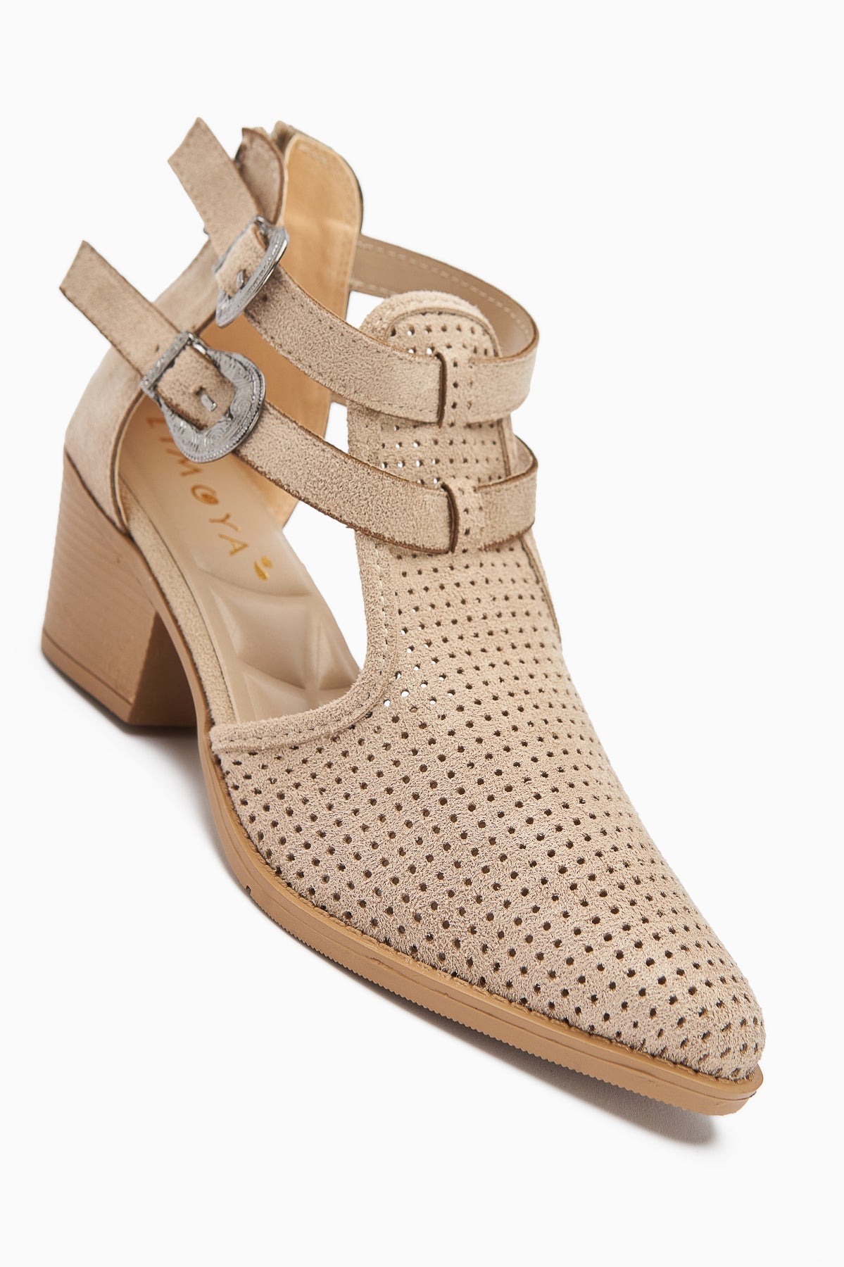 Carin Beige Suede Women's Summer Boots with Buckle Detail and Back Zipper