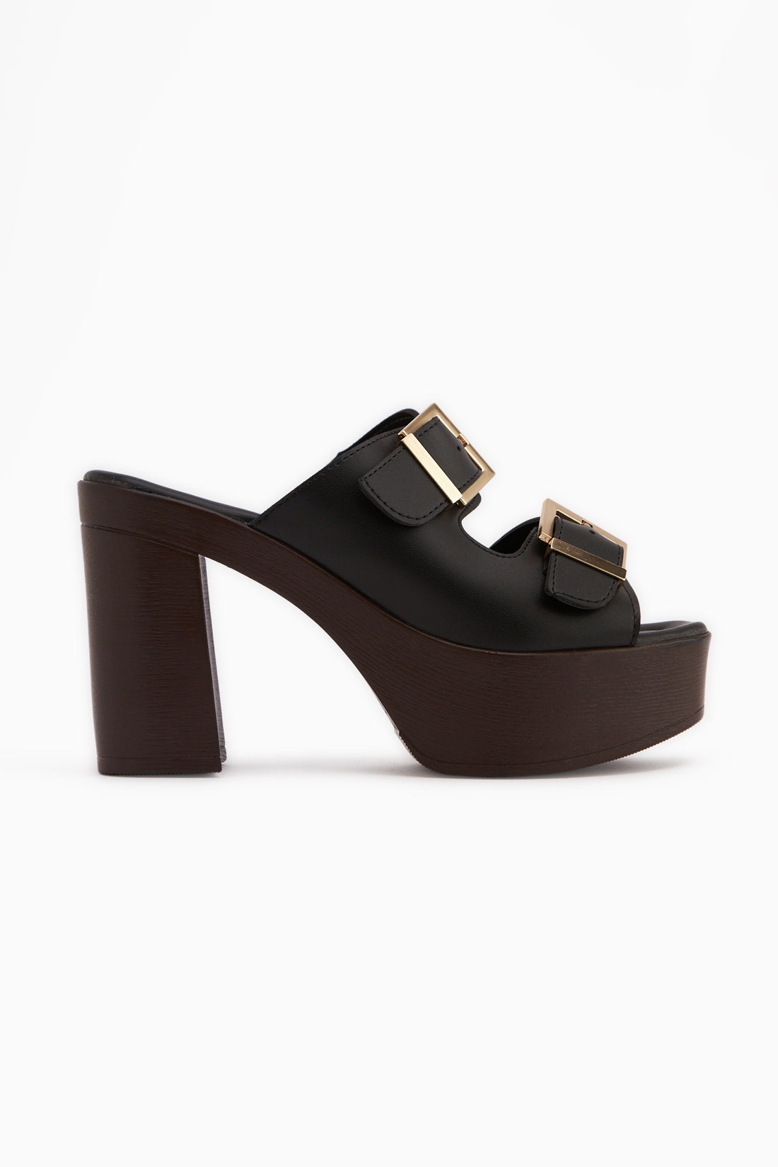 Leida Black Buckled Platform Heeled Women’s Slippers