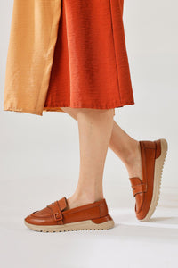 Zain – Cognac Laser-Cut Buckle-Detail Ballet Flat (Women)