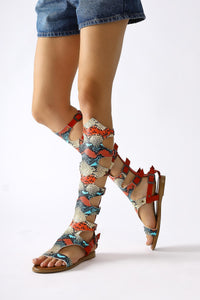 Genuine Leather Lilith Red-Color Snake Skin Pattern Knee-High Gladiator Sandal