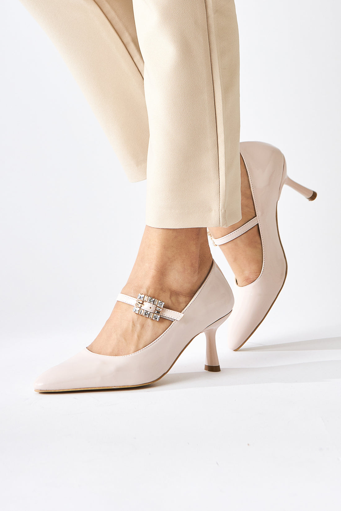 Maria Beige Patent Buckled Women’s Heeled Shoes