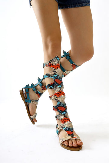 Lilith Genuine Leather Turquoise Snake Skin Patterned Knee-High Gladiator Sandal