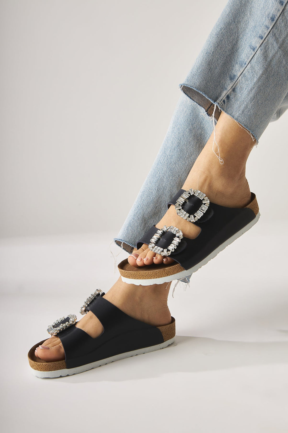 Brisa Navy Double Strap Embellished Buckle Detail Slippers