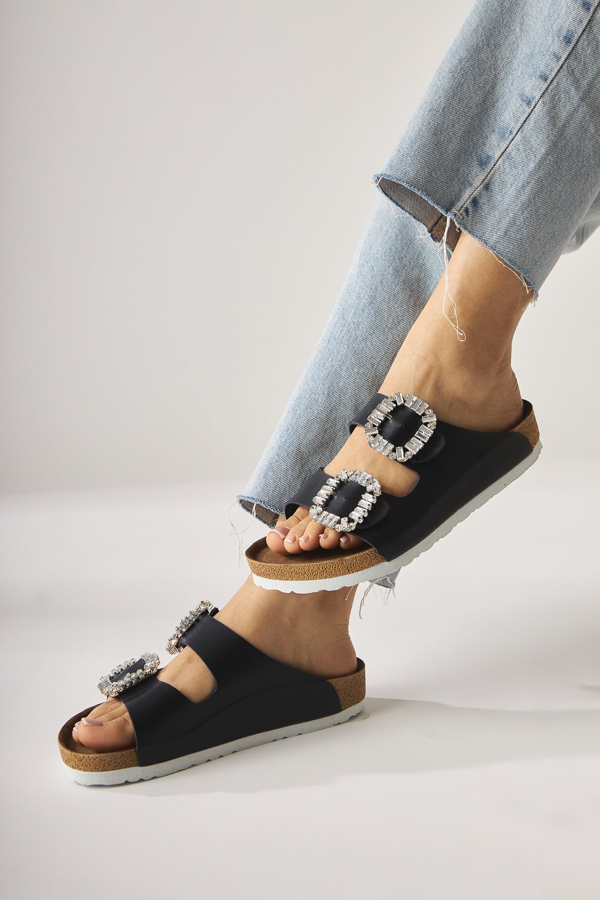 Brisa Navy Double Strap Embellished Buckle Detail Slippers