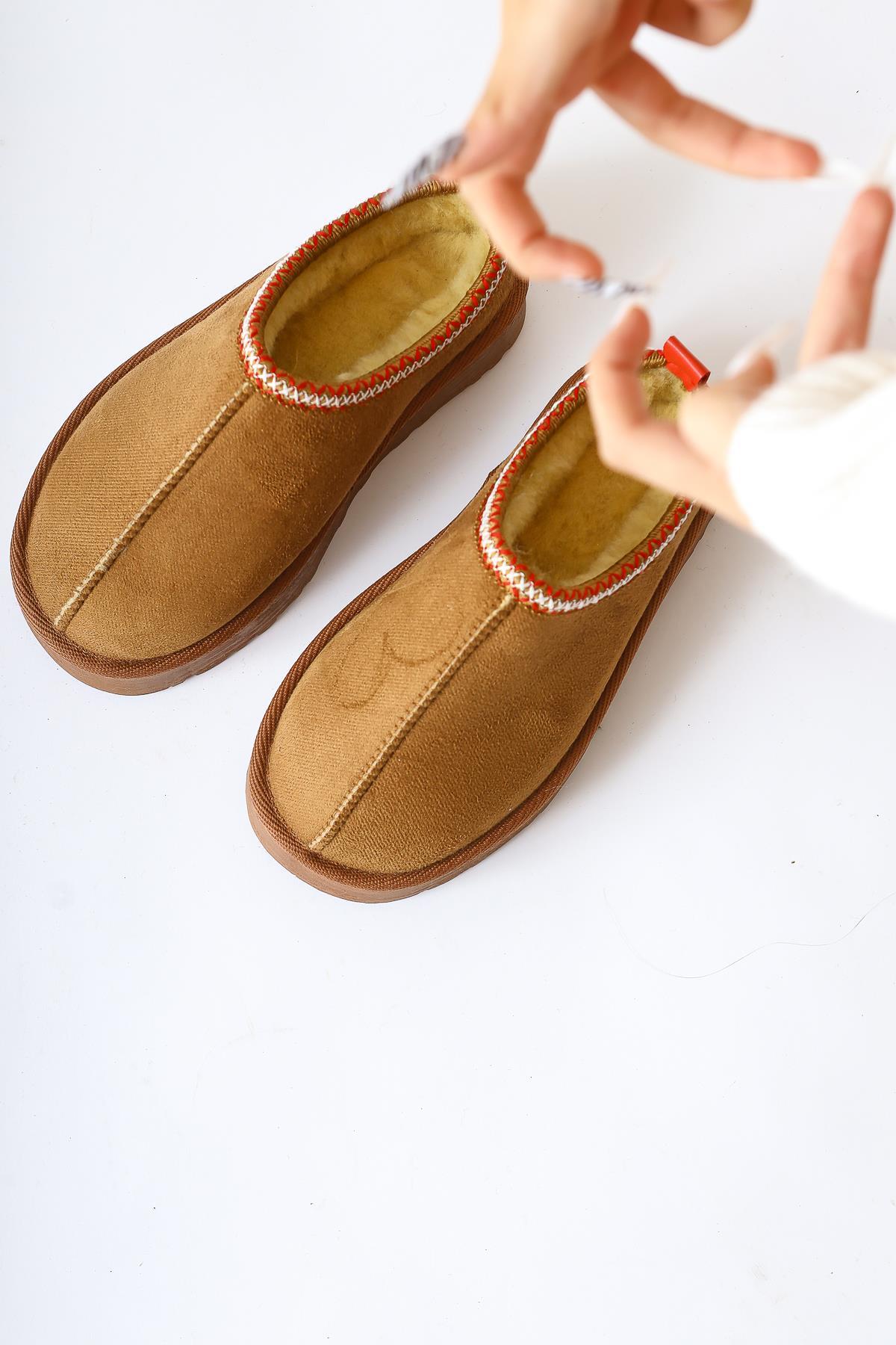 Anne-Liis – Cognac Suede Woven-Detail Winter Slide (Women)