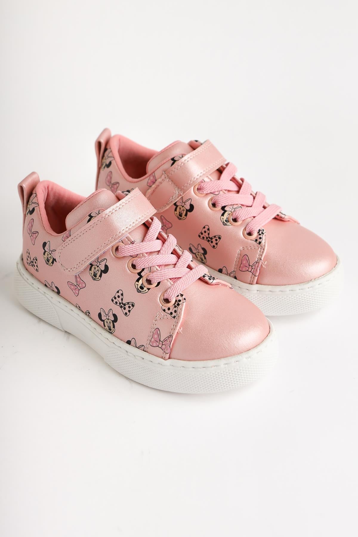Kerry Pink Cartoon Character Print Lace-Up Sneakers with Velcro Detail for Kids