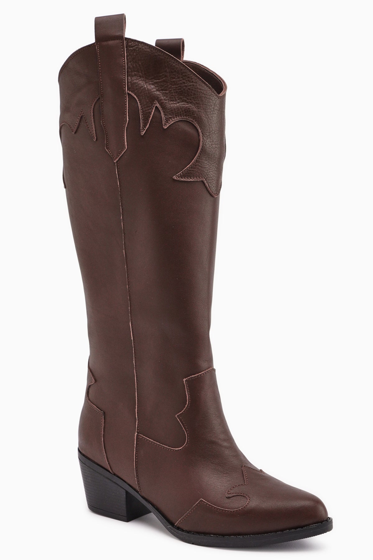 Lara – Genuine Leather Brown Heeled Western Knee-High Boot