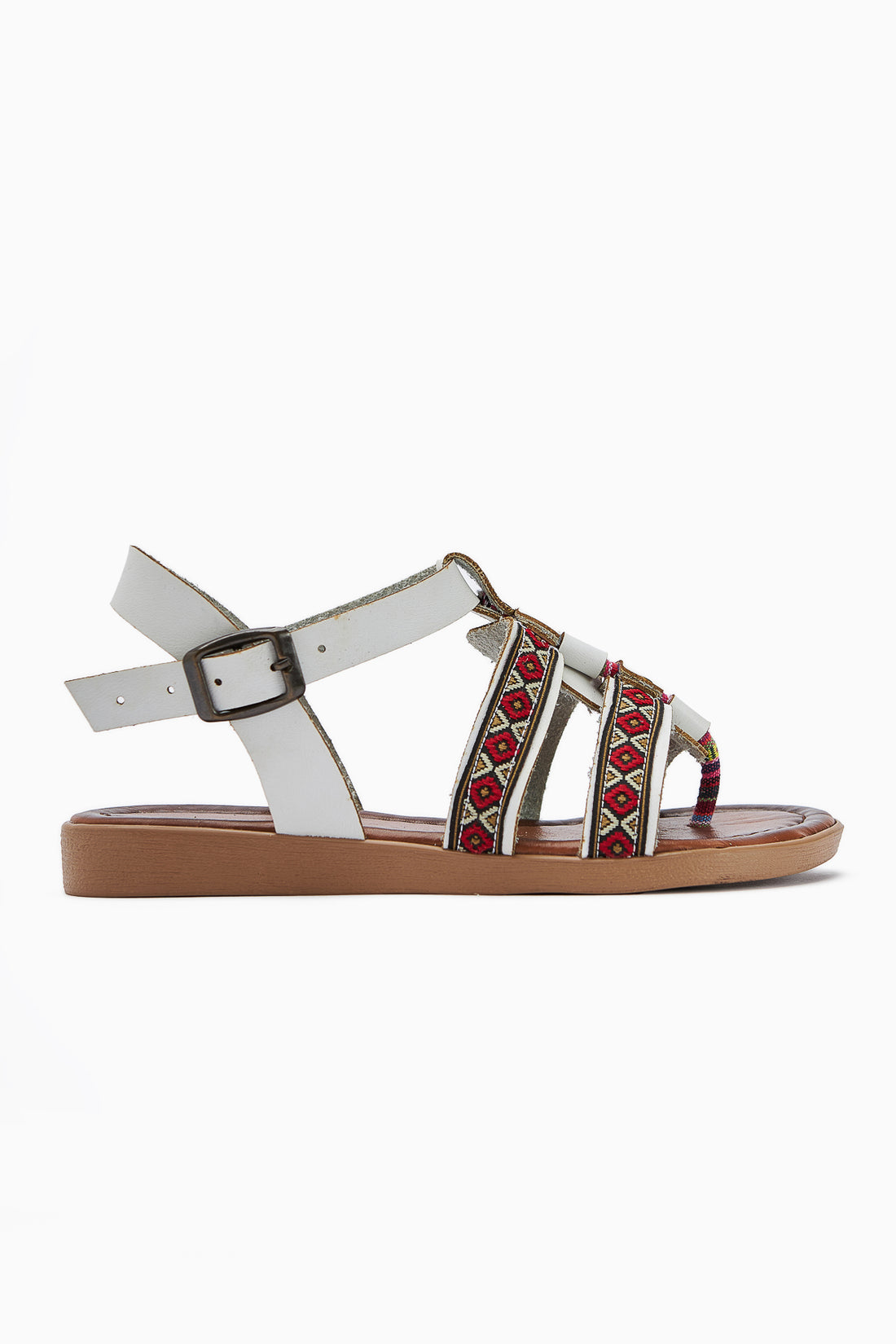 Genuine Leather Heam White Ethnic Pattern Women’s Sandal