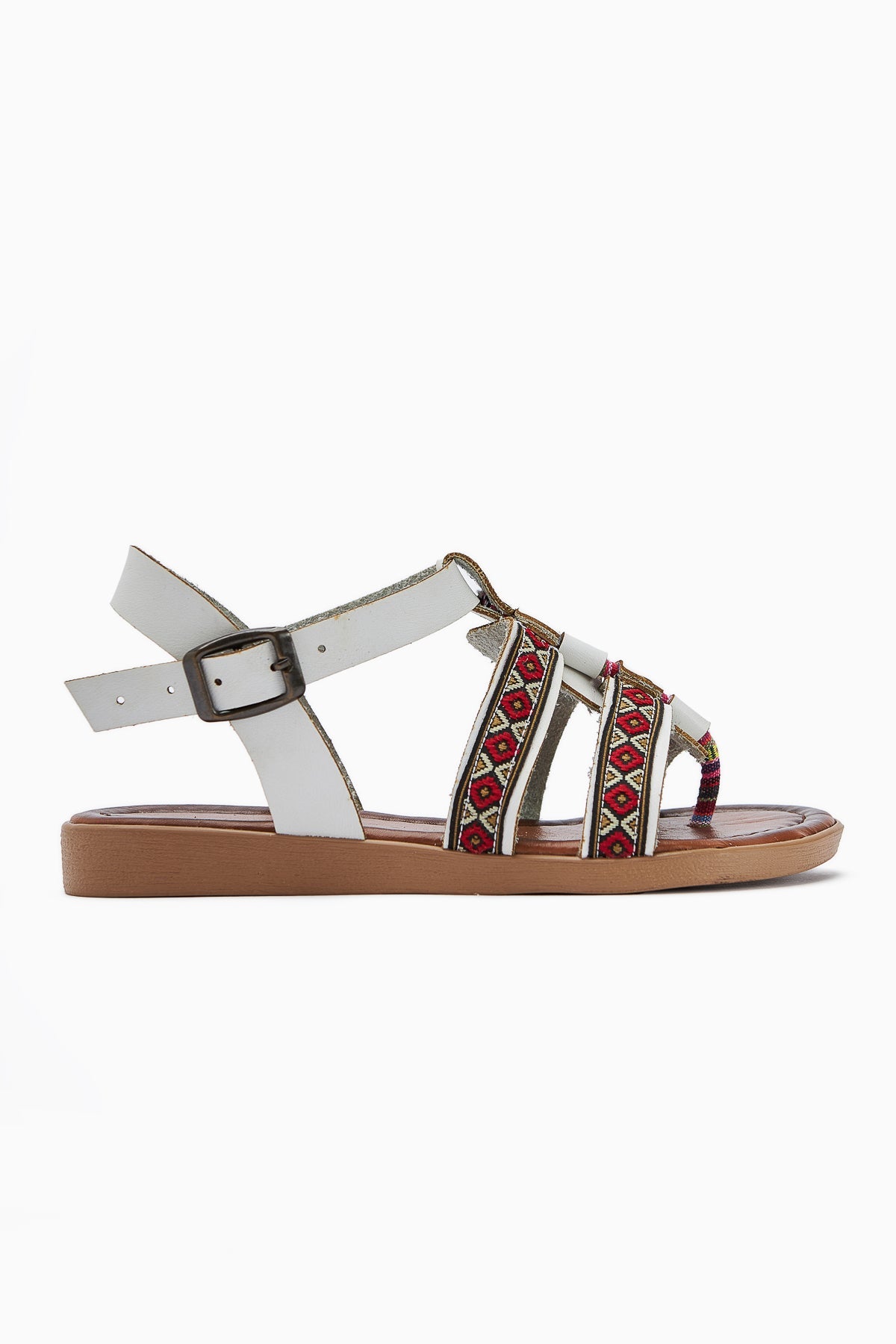 Heam White Ethnic Patterned Genuine Leather Sandals