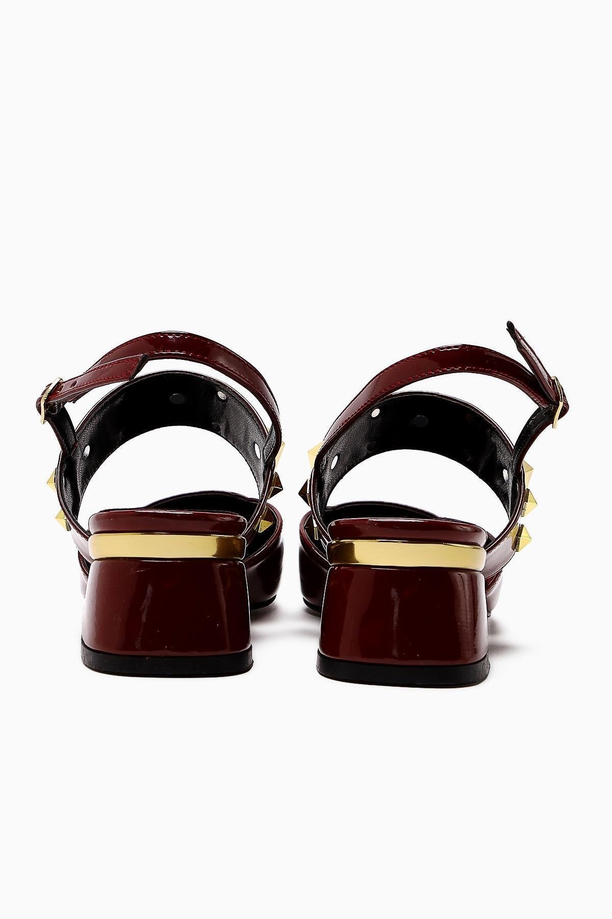 Nicoline Burgundy Patent Pointed Toe Pyramid Studded Women’s Heeled Shoes